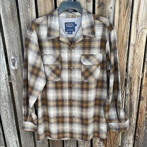 Pendleton Wool M Plaid Board Shirt Long Sleeves Button Front Men’s Gray Brown